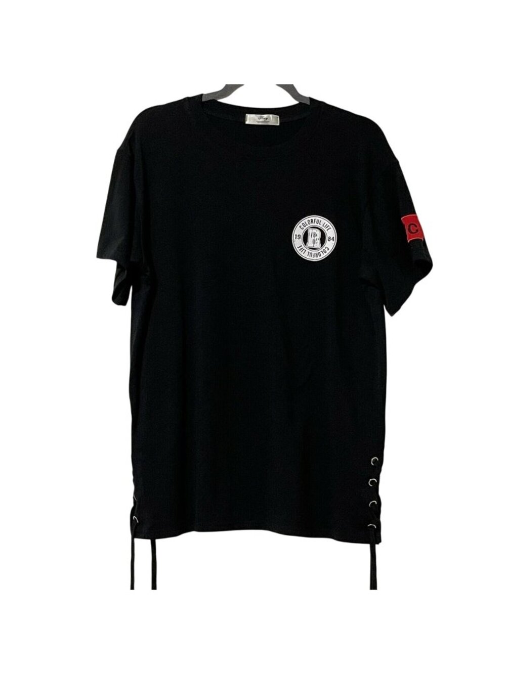 Raye Tog by Ting Black Graphic Tee Size 12  Lace-Up Sides Patches Short Sleeve